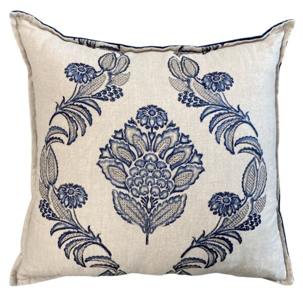 Cushion in Pasha Embroidery – Royal Blue, back in Riffle Vintage Velvet – Ink Blue  50x50cm