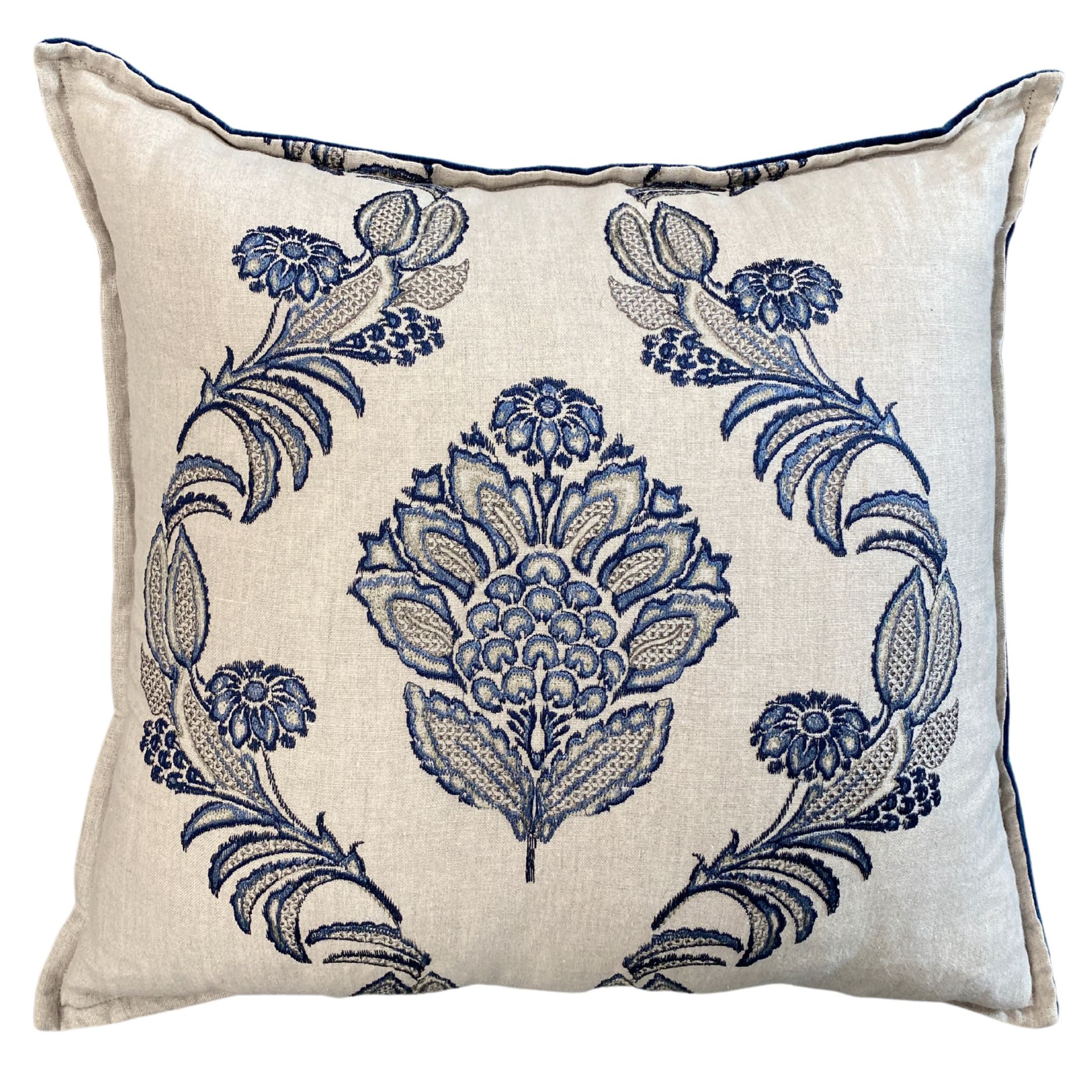 Cushion in Pasha Embroidery – Royal Blue, back in Riffle Vintage Velvet – Ink Blue 50x50cm