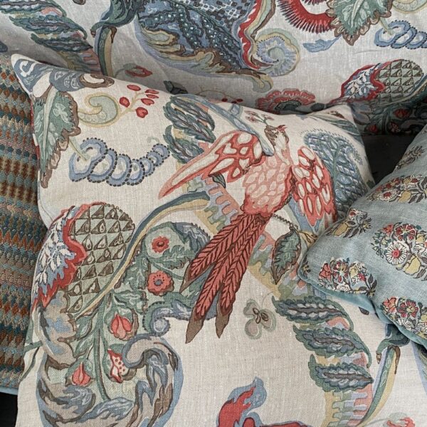 Poppinjay linen - strawberry fair cushion